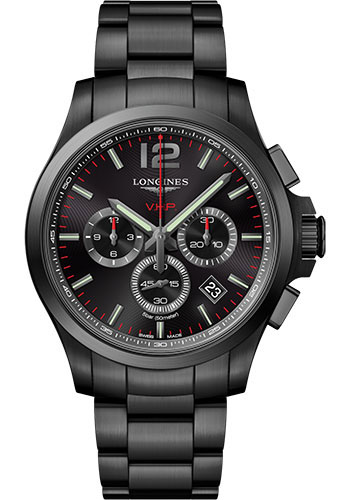 Longines Conquest V.H.P. Watch - 44 mm Black PVD Case - Black Carved Arabic Dial - Bracelet