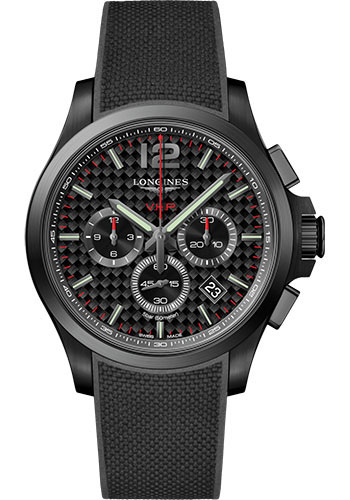 Longines Conquest V.H.P. Watch - 44 mm Black PVD Case - Black Carbon Arabic Dial - Rubber Strap