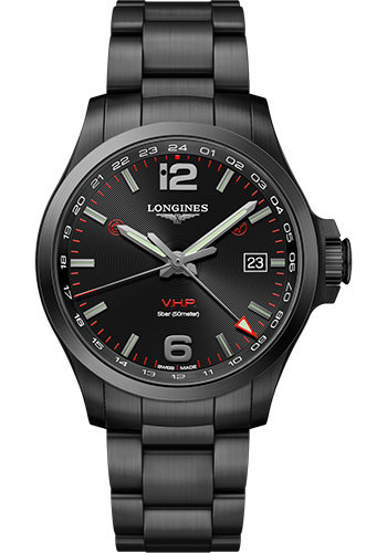 Longines Conquest V.H.P. GMT Watch - 43 mm Black PVD Case - Black Carved Arabic Dial - Bracelet