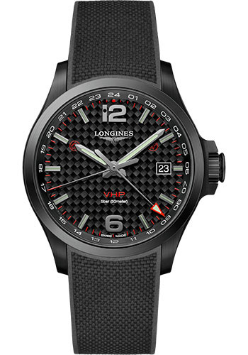 Longines Conquest V.H.P. GMT Watch - 43 mm Black PVD Case - Black Carbon Arabic Dial - Rubber Strap