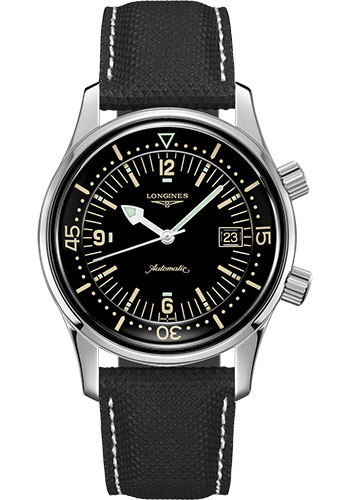 Longines Legend Diver Watch Watch - 42 mm Steel Case - Black Arabic Dial - Black Leather Strap