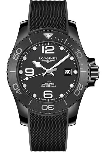 Longines HydroConquest Automatic Watch - 43 mm Black Ceramic Case - Black Ceramic Arabic Dial - Rubber Strap