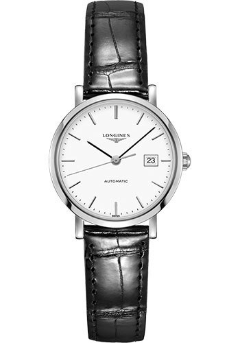 Longines Elegant Collection Watch - 29 mm Steel Case - White Dial - Black Alligator Strap