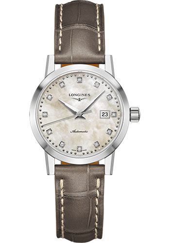 Longines 1832 Watch - 30 mm Steel Case - Beige Mother-Of-Pearl Diamond Dial - Beige Alligator Strap