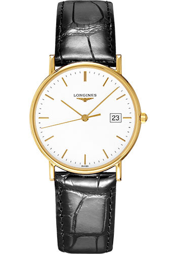 Longines Présence Quartz Watch - 33.5 mm 18K Yellow Gold Case - White Dial - Black Alligator Strap