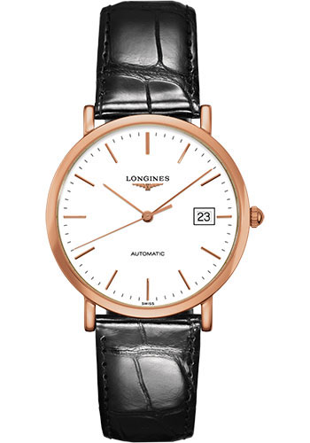 Longines Elegant Collection Watch - 37 mm 18K Pink Gold Case - White Dial - Black Alligator Strap