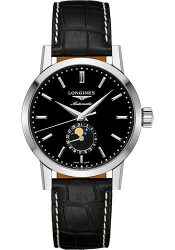 Longines 1832 Moon Phase Watch - 40 mm Steel Case - Black Dial - Black Alligator Strap