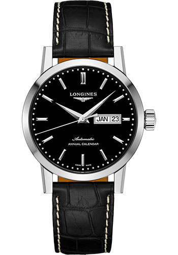 Longines 1832 Annual Calendar Watch - 40 mm Steel Case - Black Dial - Black Alligator Strap