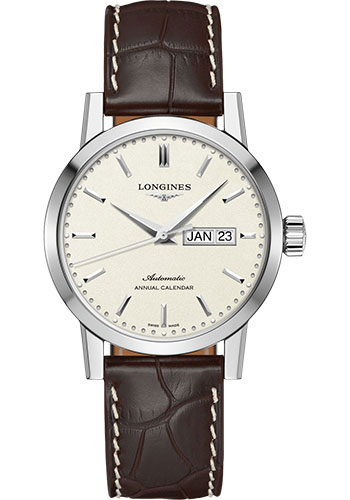 Longines 1832 Annual Calendar Watch - 40 mm Steel Case - Beige Dial - Brown Alligator Strap