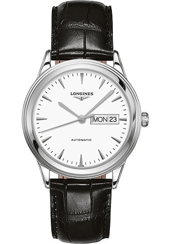 Longines Flagship Day Date Watch - 38.5 mm Steel Case - White Dial - Alligator Strap