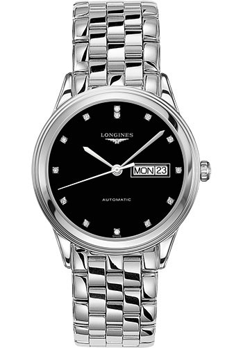 Longines Flagship Day Date Watch - 38.5 mm Steel Case - Black Diamond Dial - Bracelet