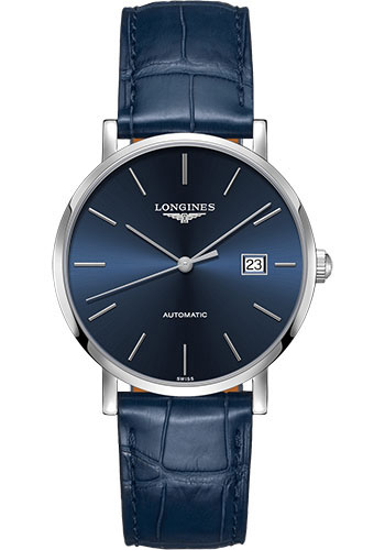 Longines Elegant Collection Watch - 39 mm Steel Case - Blue Dial - Blue Alligator Strap