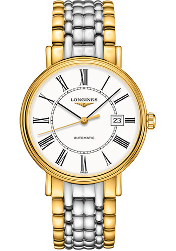 Longines Présence Automatic Watch - 40 mm Steel And Yellow PVD Case - White Roman Dial - Bracelet