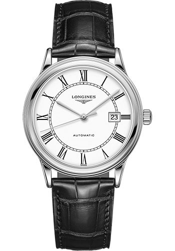 Longines Flagship Watch - 40 mm Steel Case - White Roman Dial - Alligator Strap