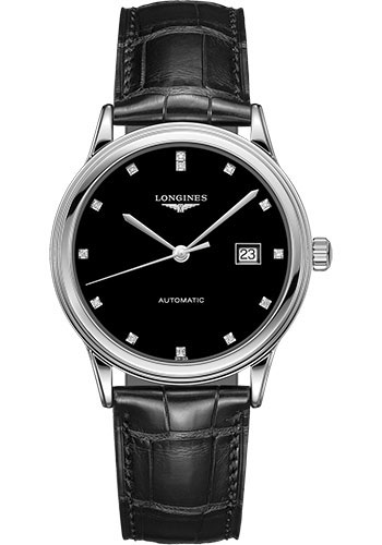 Longines Flagship Watch - 40 mm Steel Case - Black Diamond Dial - Alligator Strap