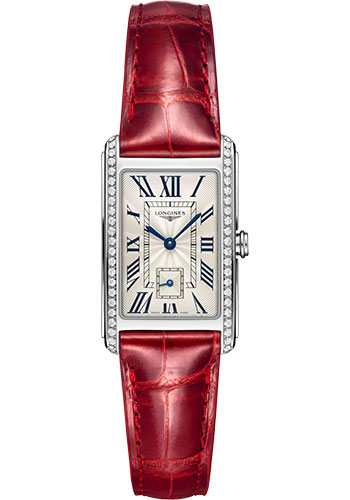 Longines DolceVita Quartz Watch - 23.30 X 37 mm Steel Diamond Case - Silver Flinqué Roman Dial - Red Alligator Strap