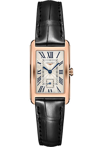 Longines DolceVita Quartz Watch - 23.30 X 37 mm 18K Pink Gold Case - Silver Flinqué Roman Dial - Black Alligator Strap
