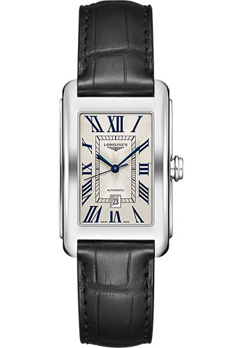 Longines DolceVita Automatic Watch - 27.70 X 43.8 mm Steel Case - Silver Flinqué Roman Dial - Black Alligator Strap