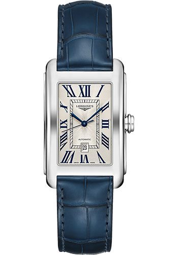 Longines DolceVita Automatic Watch - 27.70 X 43.8 mm Steel Case - Silver Flinqué Roman Dial - Blue Alligator Strap