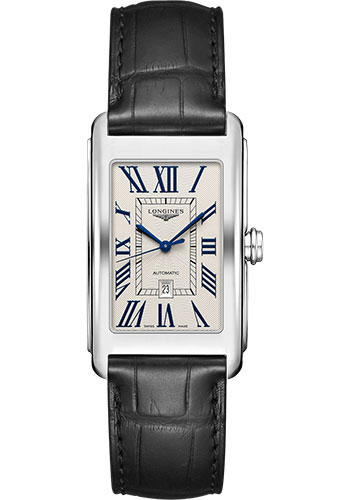 Longines DolceVita Automatic Watch - 28.20 X 47 mm Steel Case - Silver Flinqué Roman Dial - Black Alligator Strap