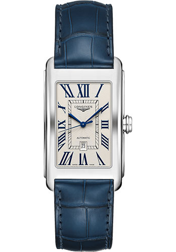Longines DolceVita Automatic Watch - 28.20 X 47 mm Steel Case - Silver Flinqué Roman Dial - Blue Alligator Strap