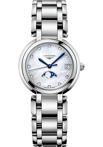 Longines PrimaLuna Moon Phase Quartz Watch - 30.5 mm Steel Case - White Mother-Of-Pearl Diamond Dial