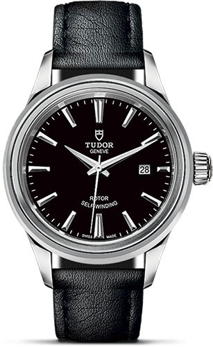 Tudor Style Watch - 28 mm Steel Case - Double Bezel - Black Dial - Leather Strap