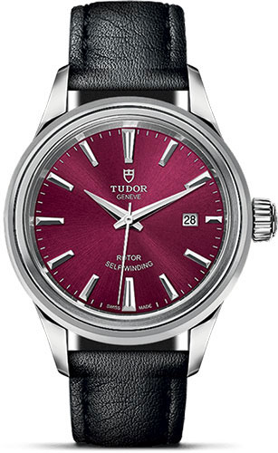 Tudor Style Watch - 28 mm Steel Case - Double Bezel - Burgundy Dial - Leather Strap