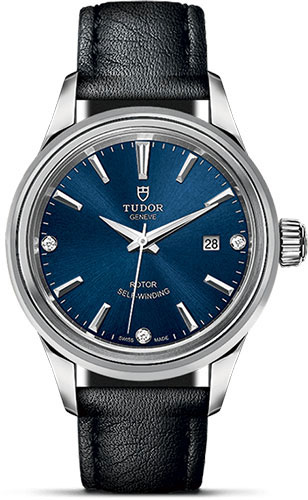 Tudor Style Watch - 28 mm Steel Case - Double Bezel - Blue Diamond Dial - Leather Strap