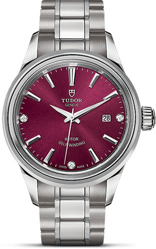 Tudor Style Watch - 28 mm Steel Case - Double Bezel - Burgundy Diamond Dial - Bracelet