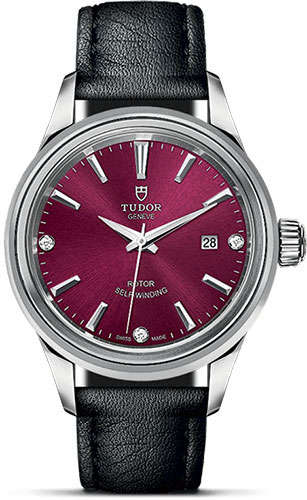 Tudor Style Watch - 28 mm Steel Case - Double Bezel - Burgundy Diamond Dial - Leather Strap