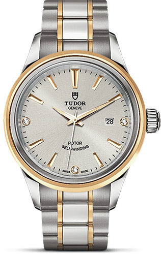Tudor Style Watch - 28 mm Steel and Gold Case - Double Bezel - Silver Diamond Dial - Bracelet