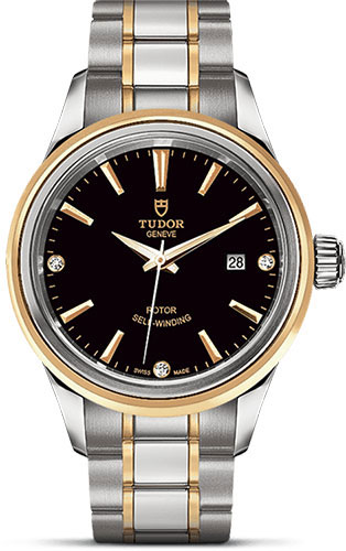 Tudor Style Watch - 28 mm Steel and Gold Case - Double Bezel - Black Diamond Dial - Bracelet