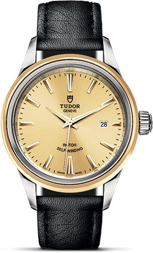 Tudor Style Watch - 28 mm Steel and Gold Case - Double Bezel - Champagne Dial - Leather Strap