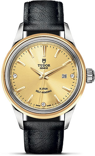 Tudor Style Watch - 28 mm Steel and Gold Case - Double Bezel - Champagne Diamond Dial - Leather Strap