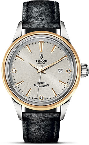 Tudor Style Watch - 28 mm Steel and Gold Case - Double Bezel - Silver Diamond Dial - Leather Strap