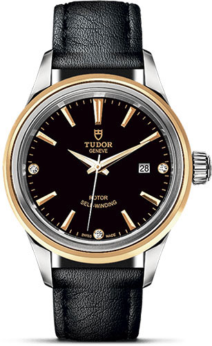 Tudor Style Watch - 28 mm Steel and Gold Case - Double Bezel - Black Diamond Dial - Leather Strap