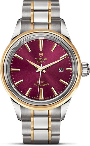 Tudor Style Watch - 28 mm Steel and Gold Case - Double Bezel - Burgundy Dial - Bracelet