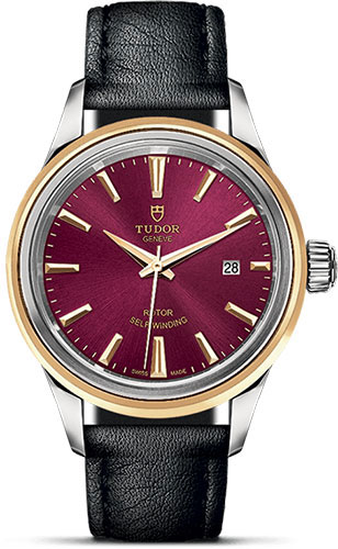 Tudor Style Watch - 28 mm Steel and Gold Case - Double Bezel - Burgundy Dial - Leather Strap