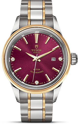 Tudor Style Watch - 28 mm Steel and Gold Case - Double Bezel - Burgundy Diamond Dial - Bracelet