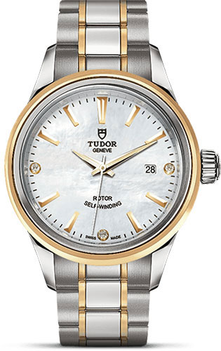 Tudor Style Watch - 28 mm Steel and Gold Case - Double Bezel - Gem-Set Mother-Of-Pearl Dial - Bracelet