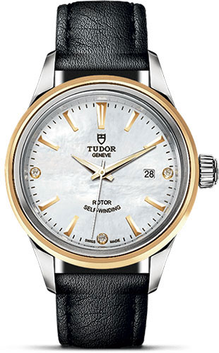 Tudor Style Watch - 28 mm Steel and Gold Case - Double Bezel - Gem-Set Mother-Of-Pearl Dial - Leather Strap