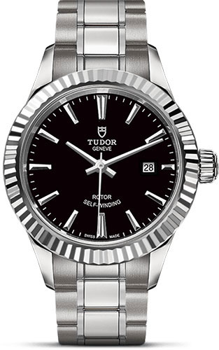 Tudor Style Watch - 28 mm Steel Case - Fluted Bezel - Black Dial - Bracelet