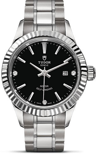 Tudor Style Watch - 28 mm Steel Case - Fluted Bezel - Black Diamond Dial - Bracelet