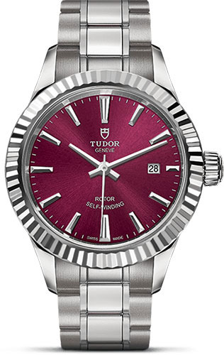 Tudor Style Watch - 28 mm Steel Case - Fluted Bezel - Burgundy Dial - Bracelet