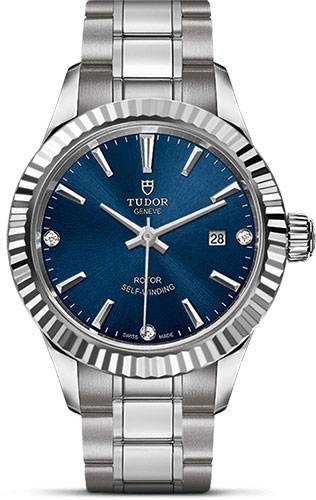 Tudor Style Watch - 28 mm Steel Case - Fluted Bezel - Blue Diamond Dial - Bracelet
