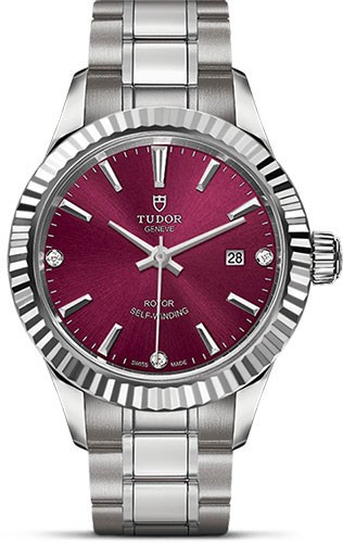 Tudor Style Watch - 28 mm Steel Case - Fluted Bezel - Burgundy Diamond Dial - Bracelet