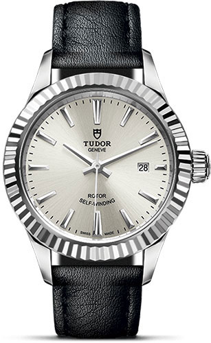Tudor Style Watch - 28 mm Steel Case - Fluted Bezel - Silver Dial - Leather Strap