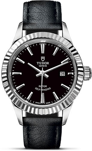 Tudor Style Watch - 28 mm Steel Case - Fluted Bezel - Black Dial - Leather Strap