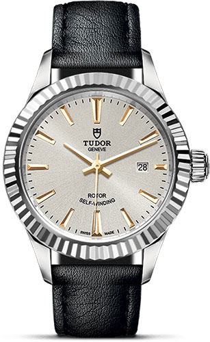 Tudor Style Watch - 28 mm Steel Case - Fluted Bezel - Gold Dial - Leather Strap